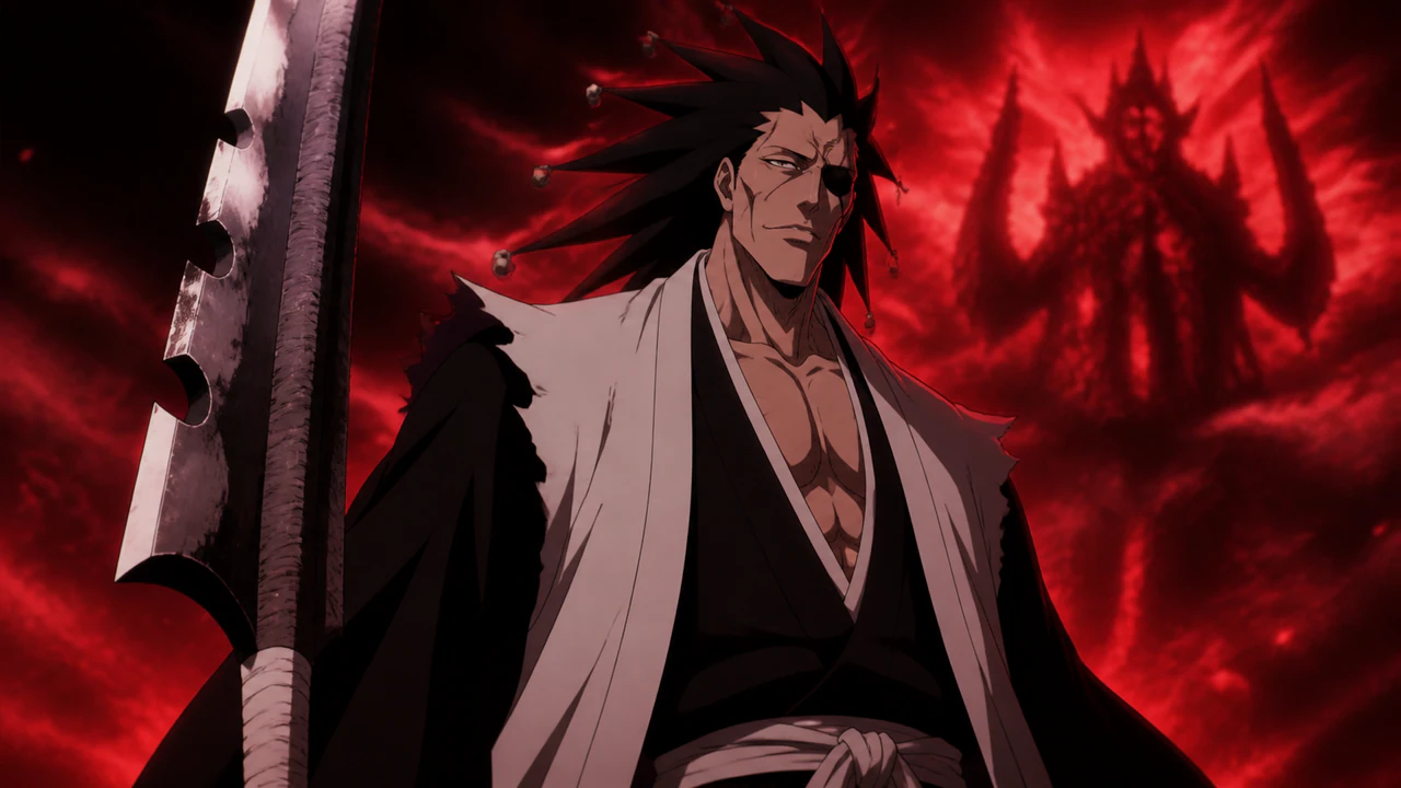 Kenpachi entre os marcos de Nozarashi, Yachiru e a Bankai