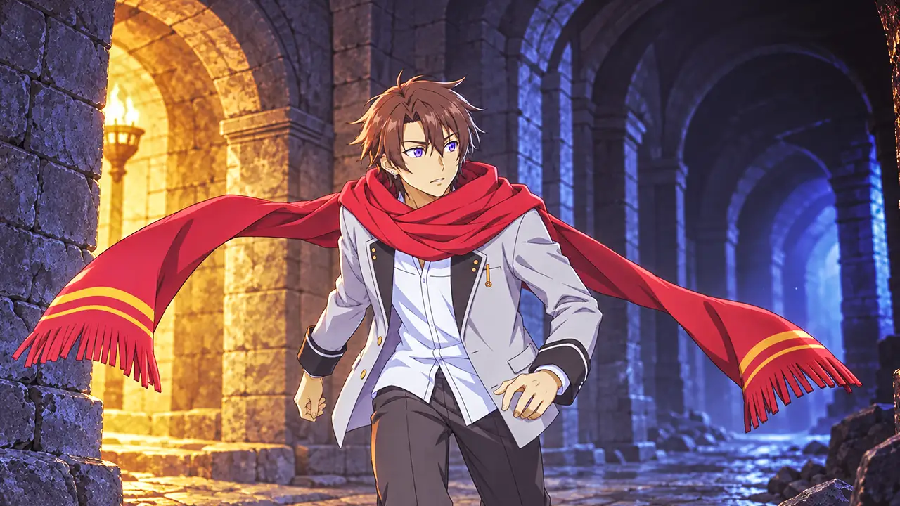 Kousuke avança por uma dungeon com as duas pontas da estola vermelha erguidas.