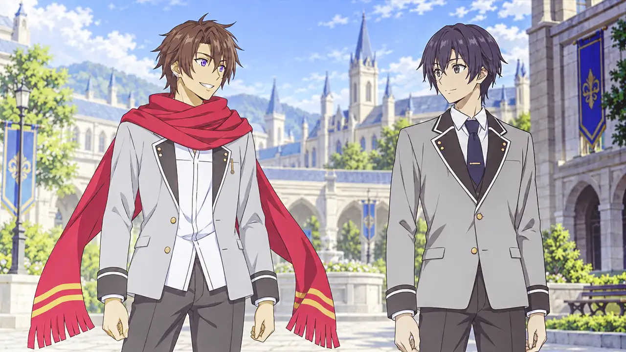 Kousuke e Iori conversam em um pátio da academia, com a estola vermelha em repouso.