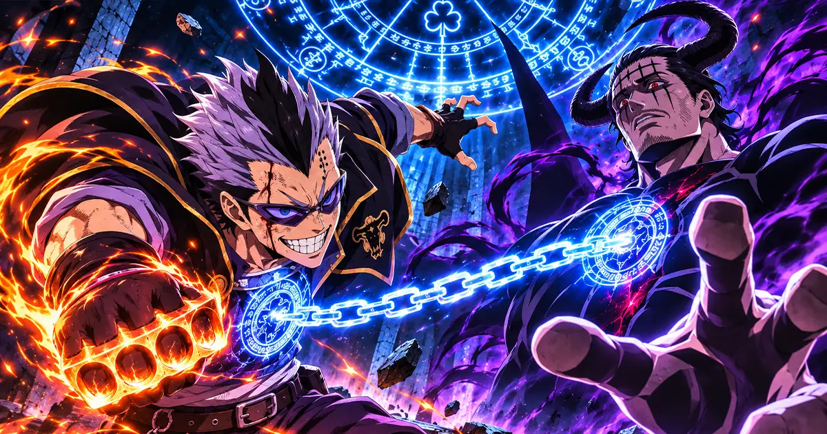 Magna e Dante frente a frente, com punhos em guarda e uma corrente azul ligando os símbolos em seus peitos.