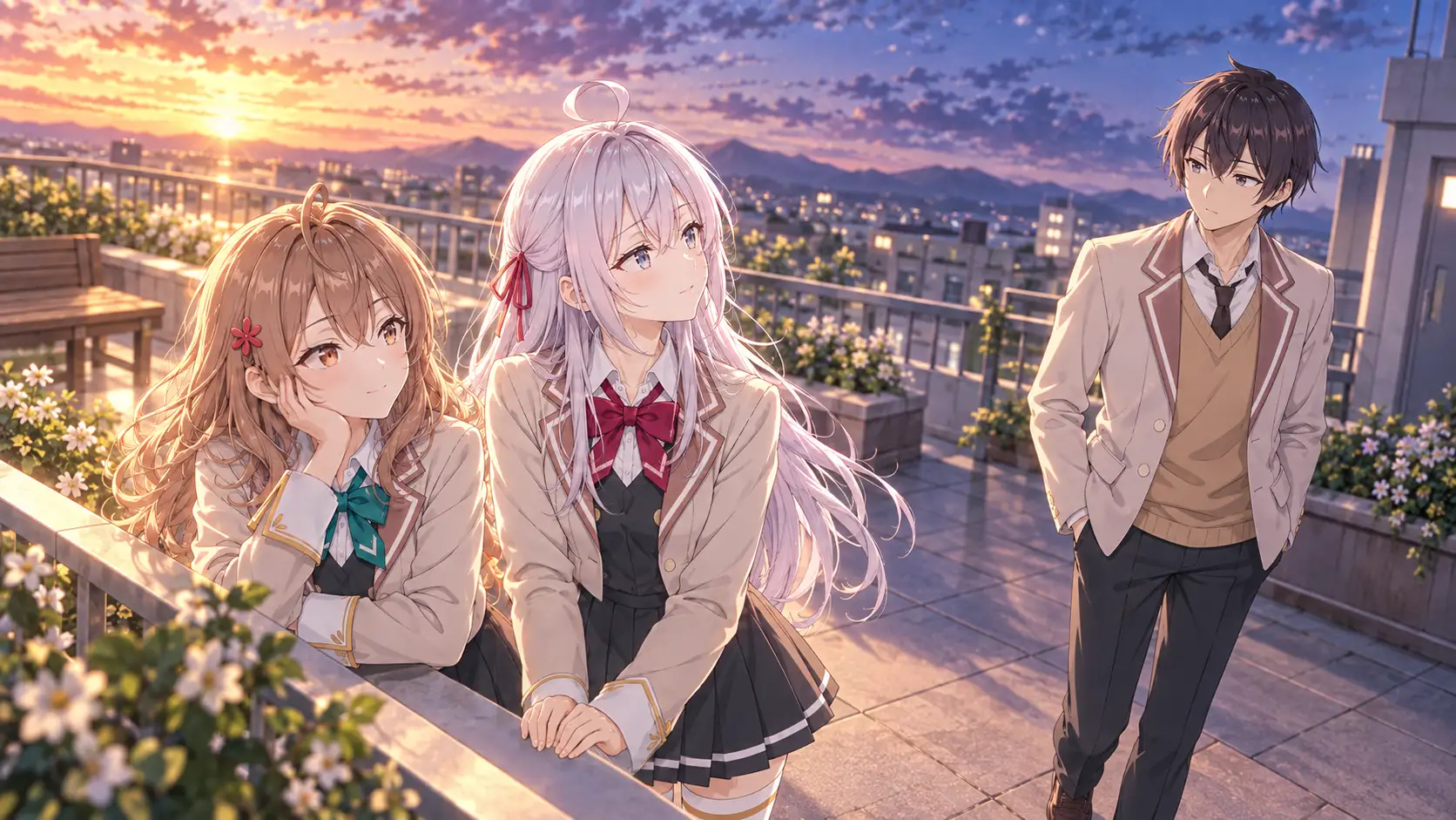 Masha e Alya observam Masachika em um jardim escolar ao entardecer