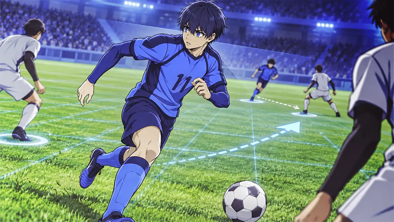 Isagi corre e vira a cabeça para observar jogadores no campo, com linhas conceituais indicando espaços e trajetos.
