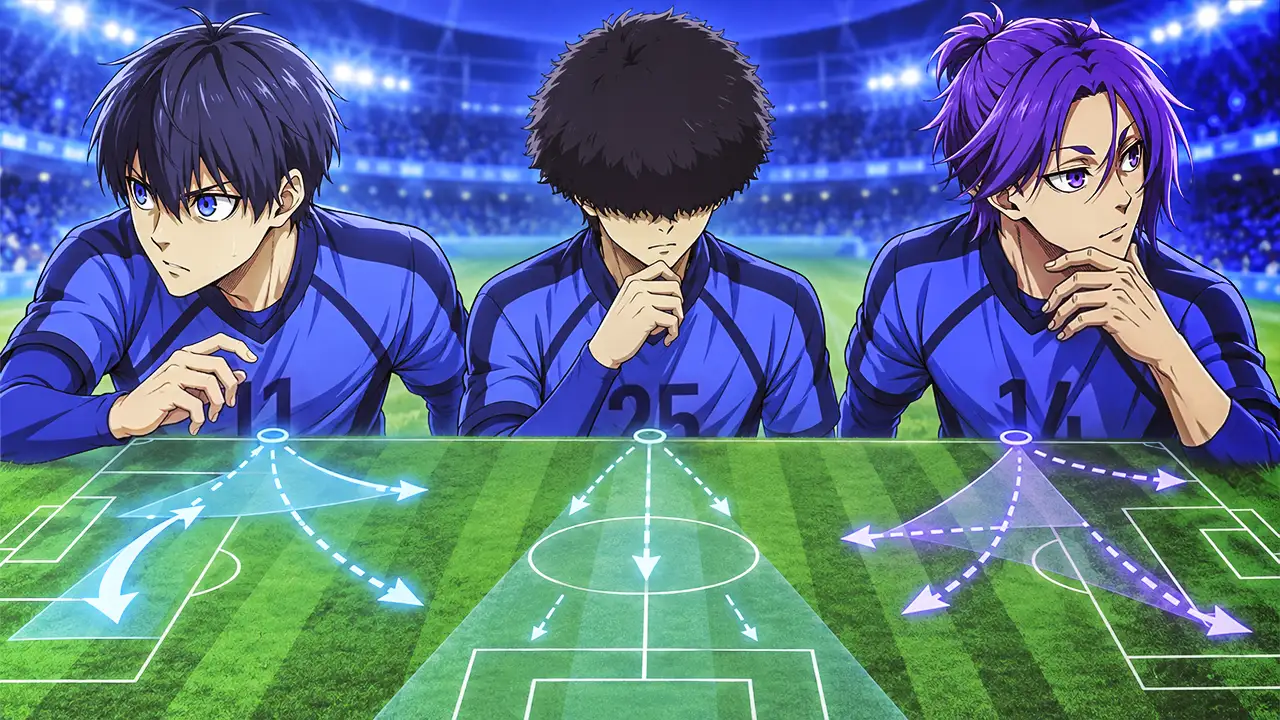 Montagem de Isagi, Niko e Reo sobre um campo tático com diferentes rotas de leitura de jogo.
