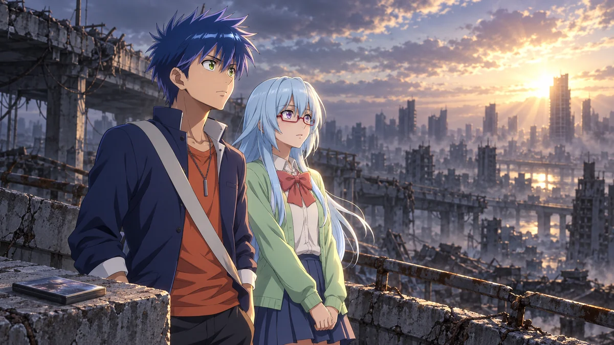 Ageha e Sakurako observam uma cidade em ruínas ao amanhecer, com um DVD sobre o concreto