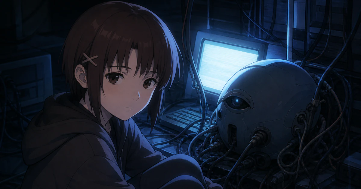 Infográfico abstrato sobre o que serial experiments lain diz sobre identidade, realidade e conexão