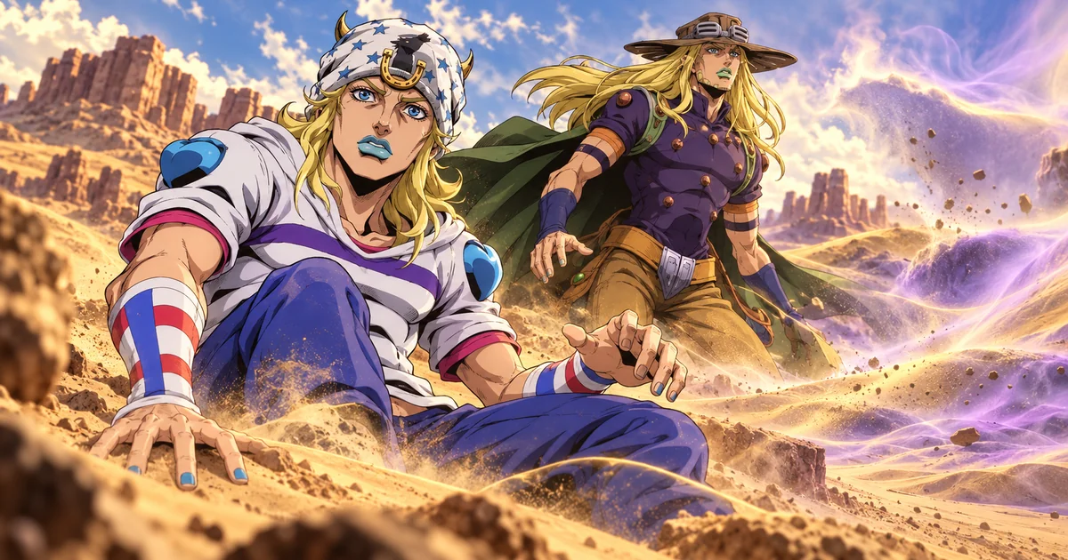 Johnny e Gyro diante de uma faixa sobrenatural de areia no deserto