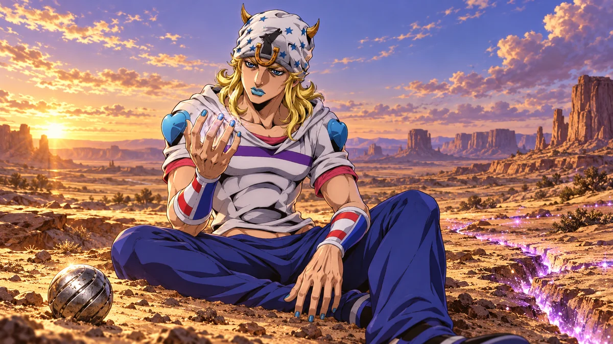Johnny observa a rotação nas unhas perto de uma Steel Ball e de um terreno anômalo
