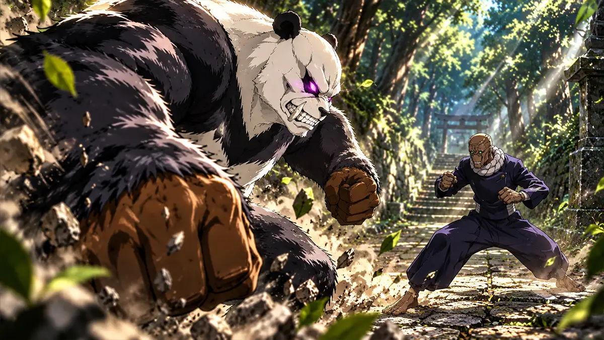 Panda no Modo Gorila diante de Mechamaru, em composição editorial de confronto próximo.