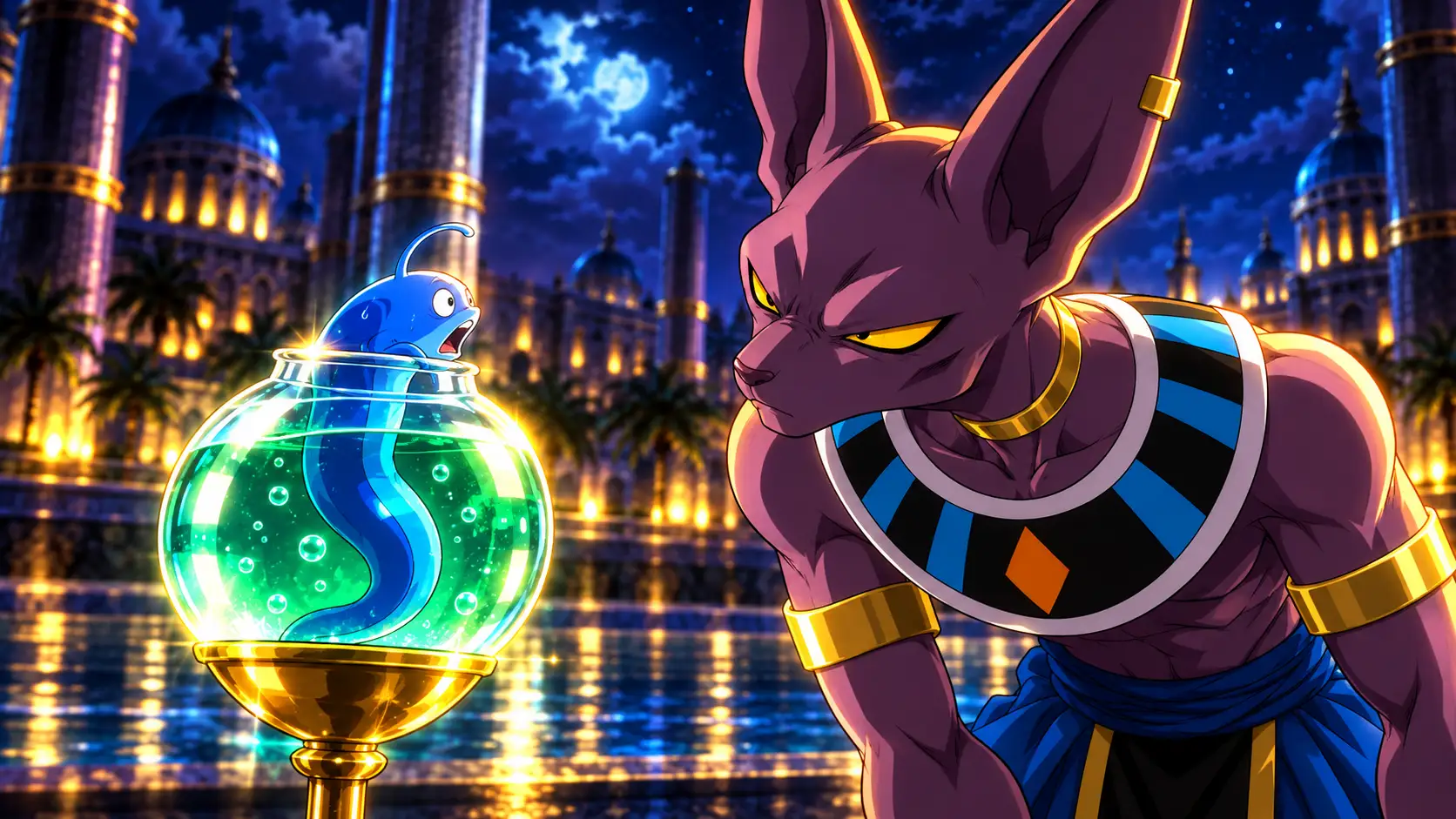 Beerus se inclina diante do Peixe Oráculo, que emerge de seu aquário com água verde