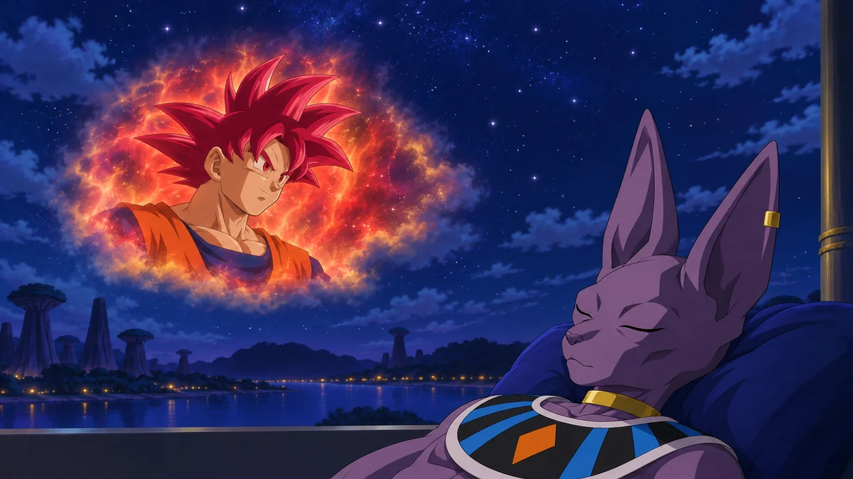 Montagem simbólica de Beerus adormecido e Goku Super Saiyajin Deus em uma vinheta avermelhada