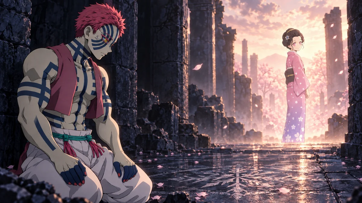 Akaza em silêncio diante da lembrança de Koyuki