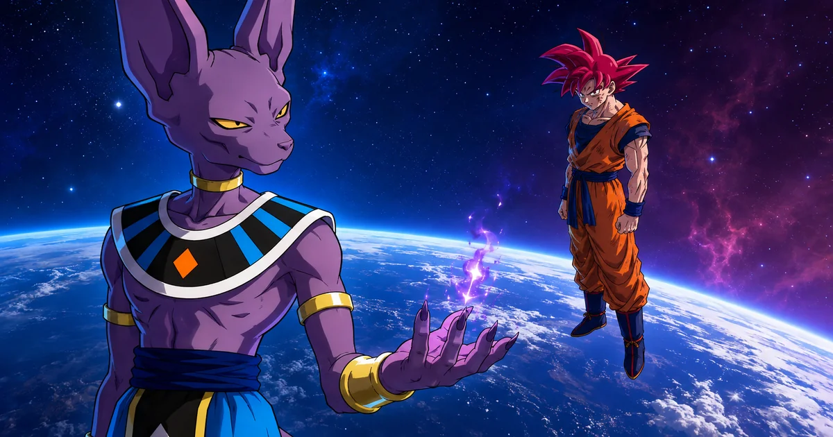 Beerus observa Goku Super Saiyajin Deus acima da Terra intacta, com energia violeta se dissipando