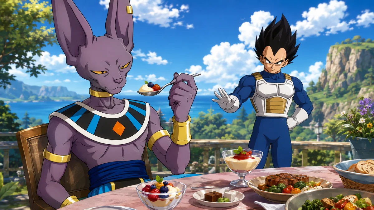 Beerus aprecia comida terrestre enquanto Vegeta acompanha a cena com apreensão