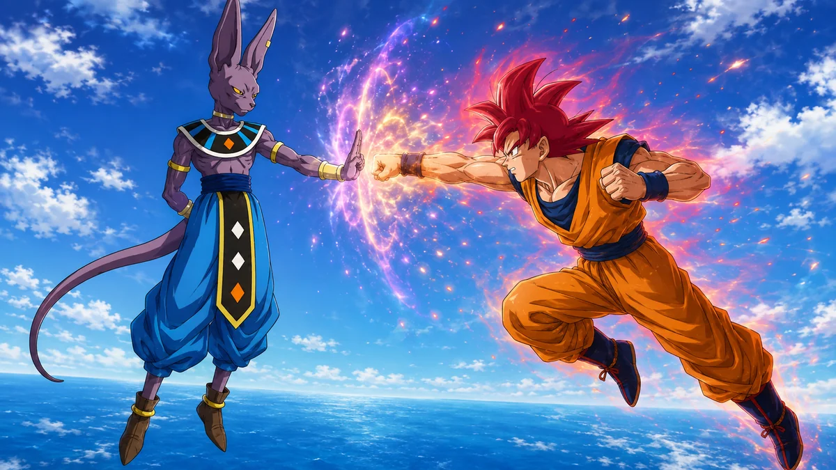 Goku Super Saiyajin Deus ataca enquanto Beerus contém o confronto acima do oceano