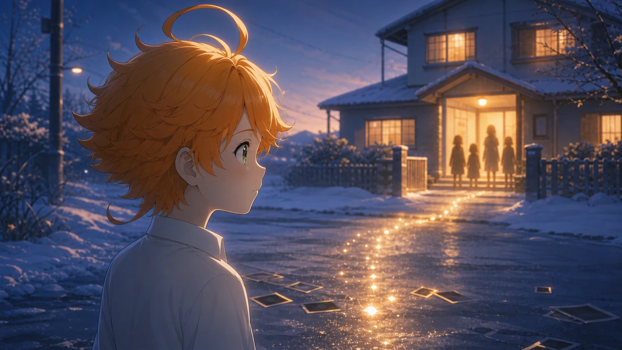Emma diante de uma casa iluminada, com a possibilidade de criar novas memórias