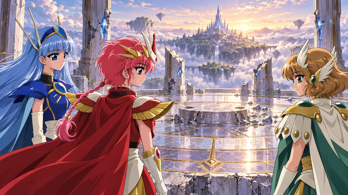 Hikaru, Umi e Fuu observam um pedestal vazio em Cephiro
