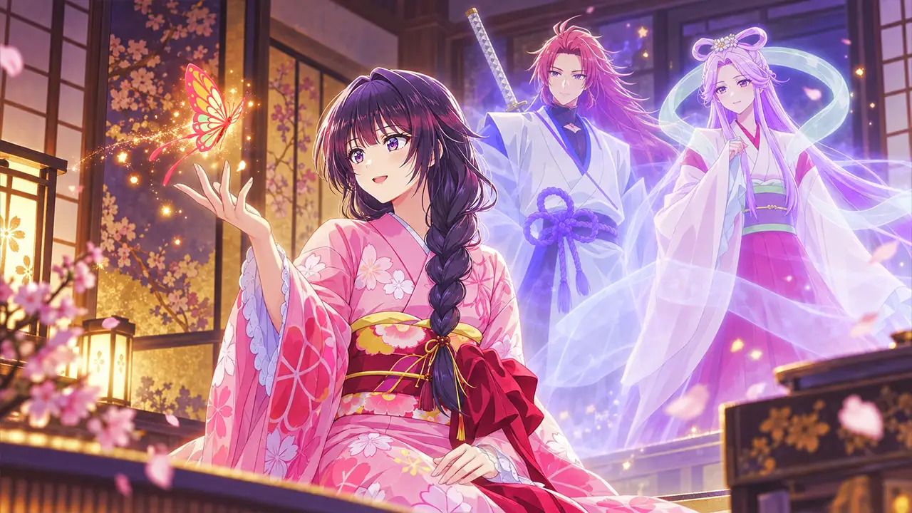 Hana e Azuha diante dos shikigami humanoides Aoi e Miyabi