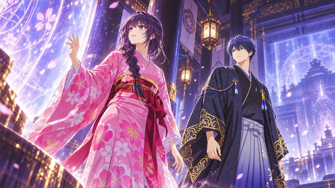 Hana e Saku observam uma barreira luminosa no salão da família Ichinomiya
