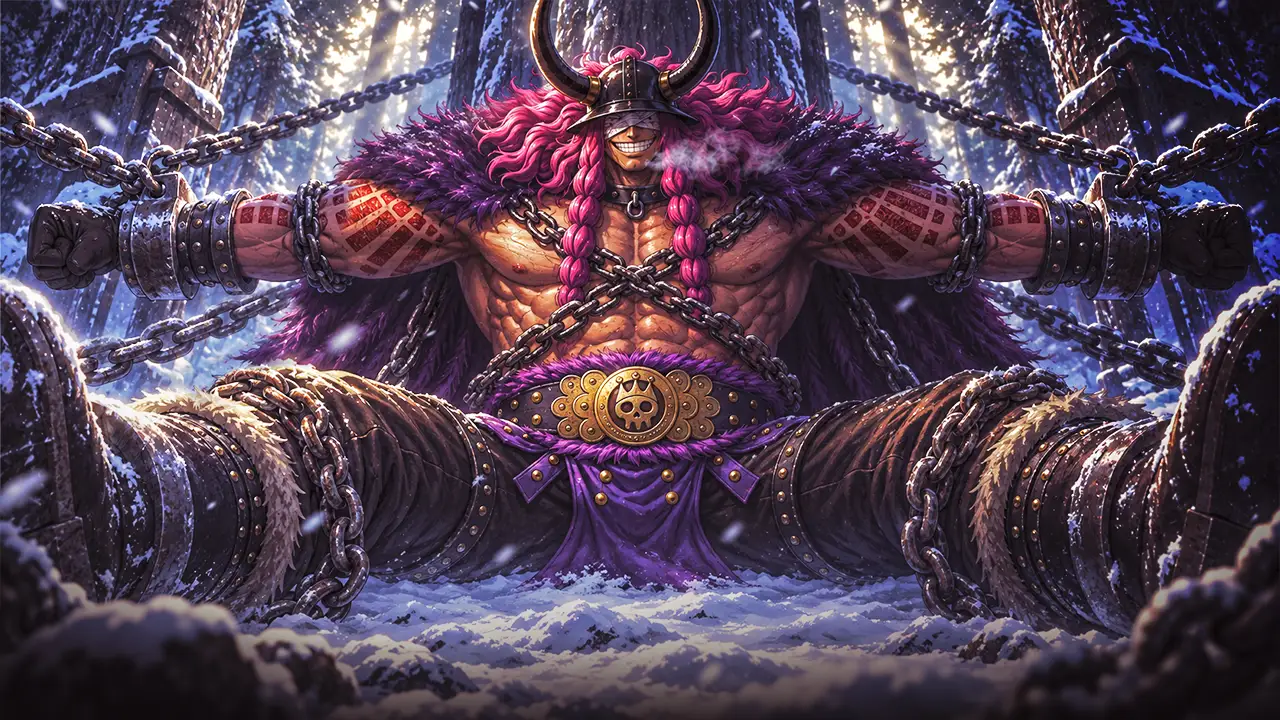 Loki acorrentado junto a uma árvore gigantesca na região nevada de Elbaf, em uma ilustração editorial de sua prisão.
