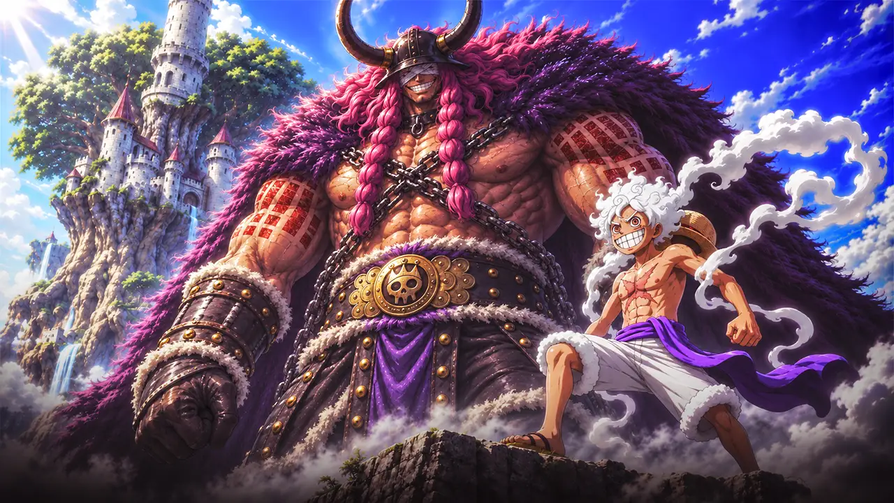 Luffy em Gear 5 e o gigante Loki voltados para uma ameaça comum em Elbaf, simbolizando sua cooperação no presente.