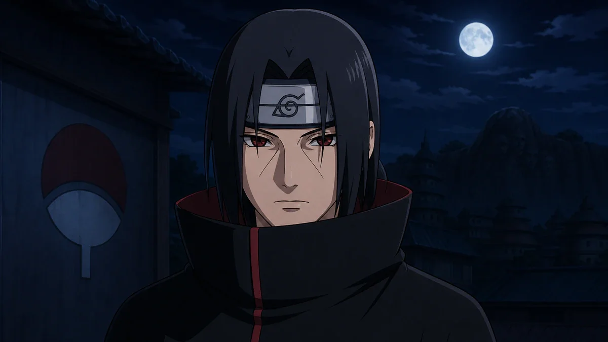 Itachi sob o manto da Akatsuki diante do símbolo Uchiha