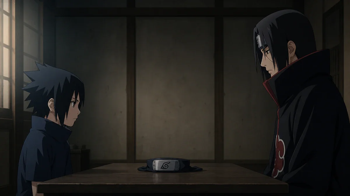 Sasuke e Itachi frente a frente com uma bandana entre eles