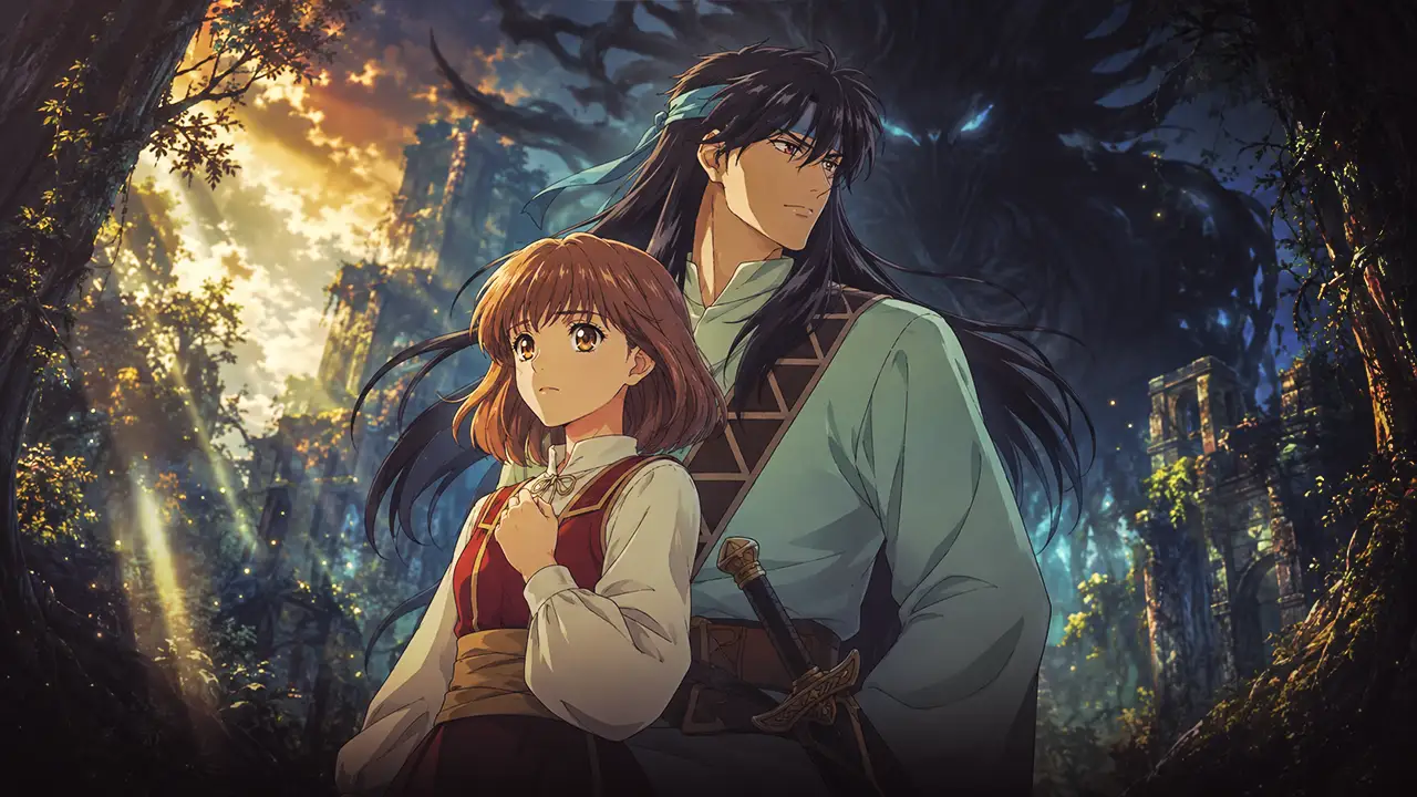 Noriko e Izark em uma floresta dividida entre a sombra do Sky Demon e um feixe de luz