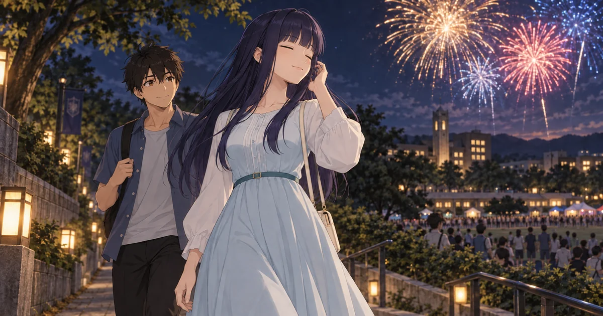 Koharu escuta os fogos enquanto Kakeru caminha atrás dela