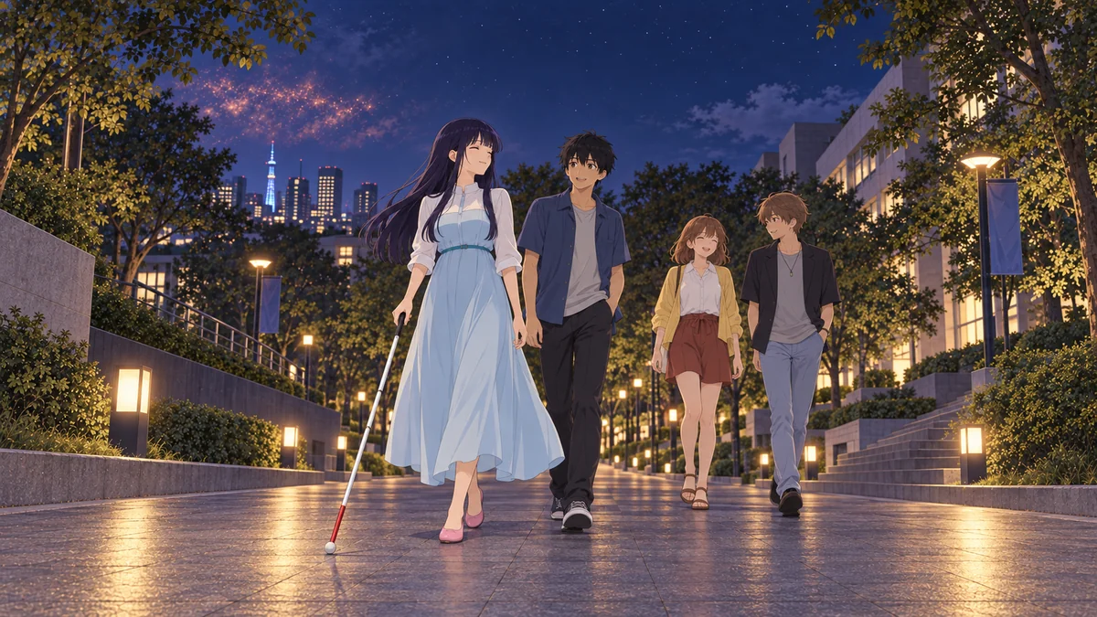 Koharu caminha à frente de Kakeru, Yuuko e Ushio após os fogos