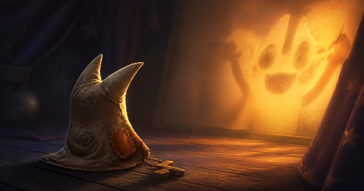 Disfarce de pano de Mimikyu diante de uma luz que sugere a popularidade de Pikachu