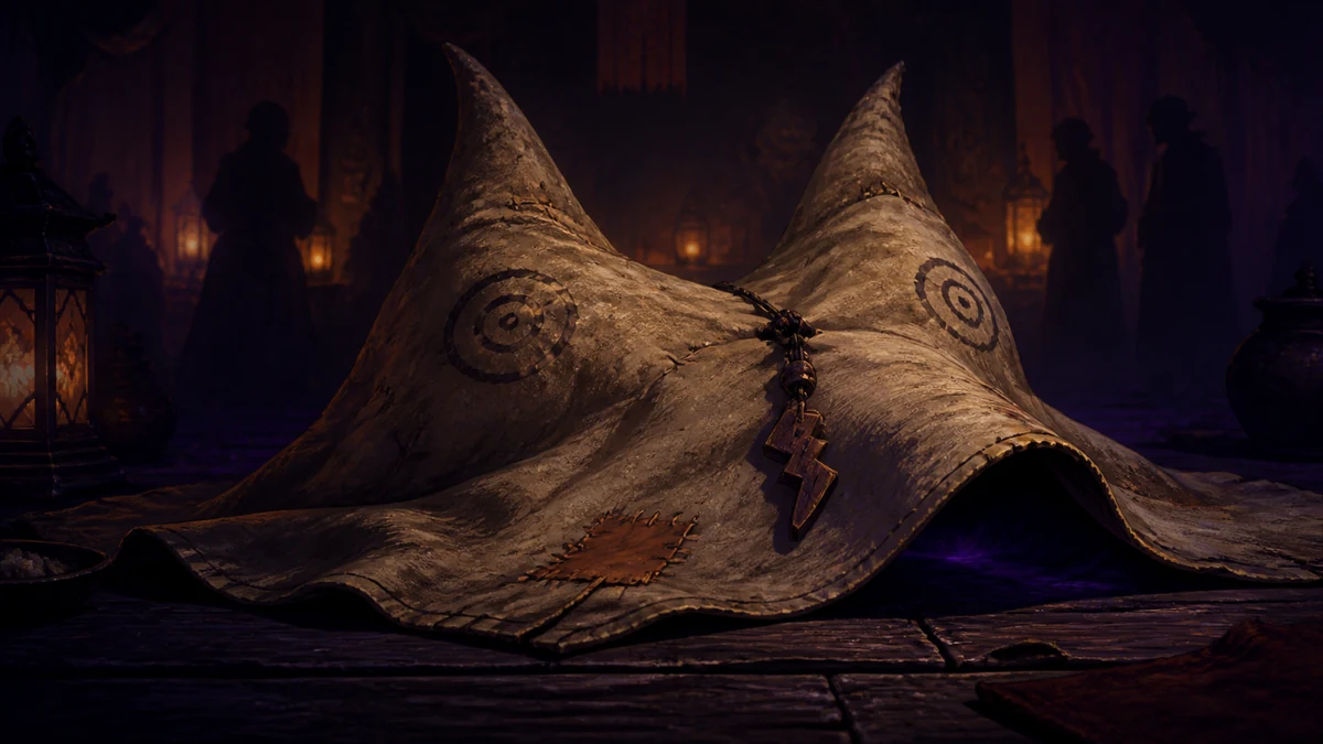 Borda do pano de Mimikyu elevada sobre uma escuridão que não revela sua forma real