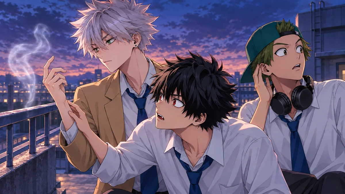 Mogari segura o pulso de Kaoru diante de um espírito enquanto Tamon escuta