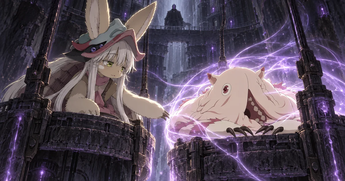 Nanachi e Mitty em câmaras distintas sob o olhar distante de Bondrewd