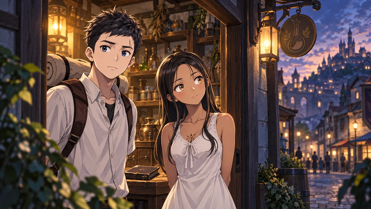 Paracelsus e Nora à porta de uma oficina de alquimia ao entardecer