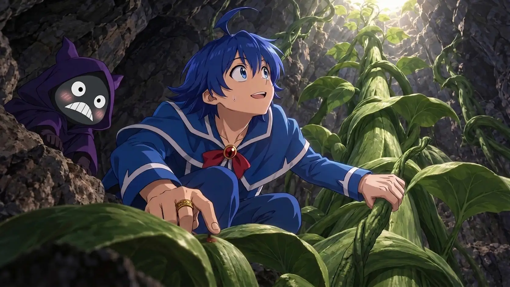 Iruma toca a Niginigi Grass com uma gota de sangue, diante de Naphula