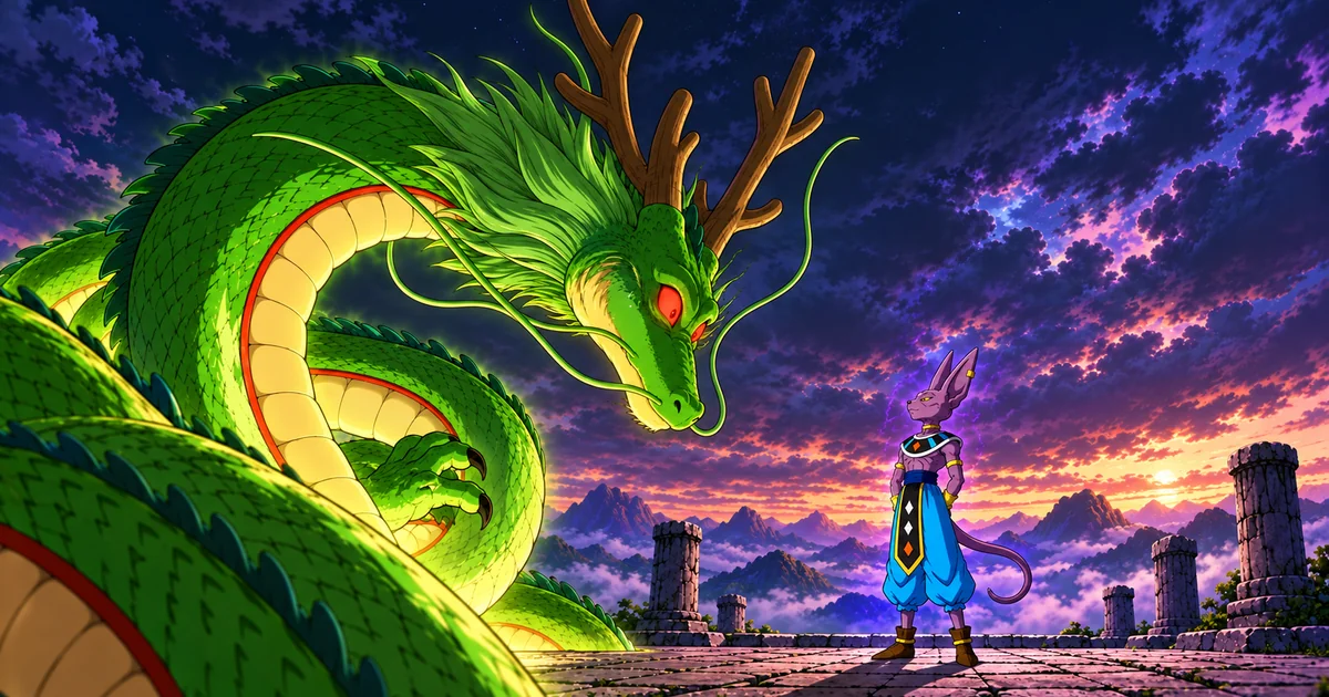 Shenlong se retrai diante de Beerus, que permanece imóvel em um terraço de pedra