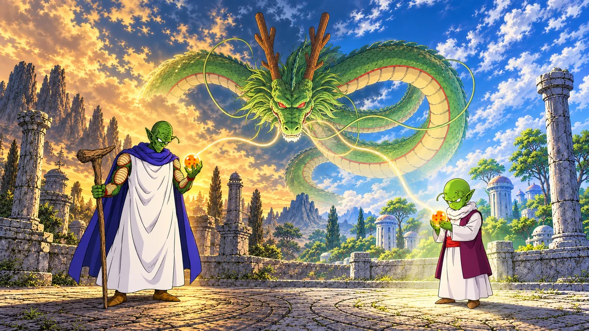 Kami e Dende seguram Esferas do Dragão em épocas simbolicamente distintas, com Shenlong acima deles