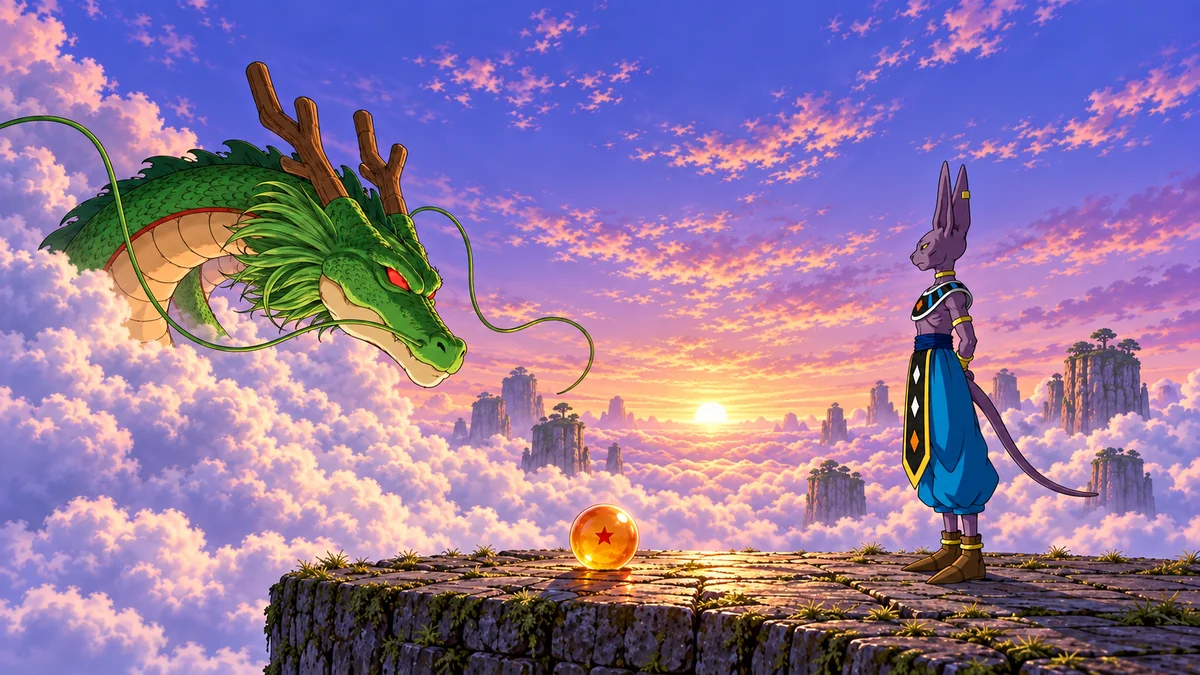 Shenlong observa Beerus à distância enquanto uma Esfera do Dragão intacta repousa entre ambos