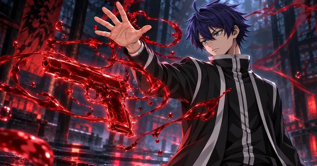 Shiki observa o próprio sangue assumir a forma de uma arma de fogo
