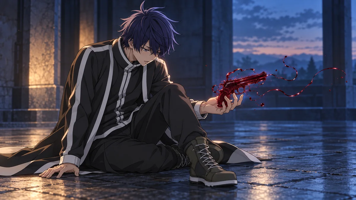 Shiki exausto observa uma arma de sangue se desfazer em fios vermelhos