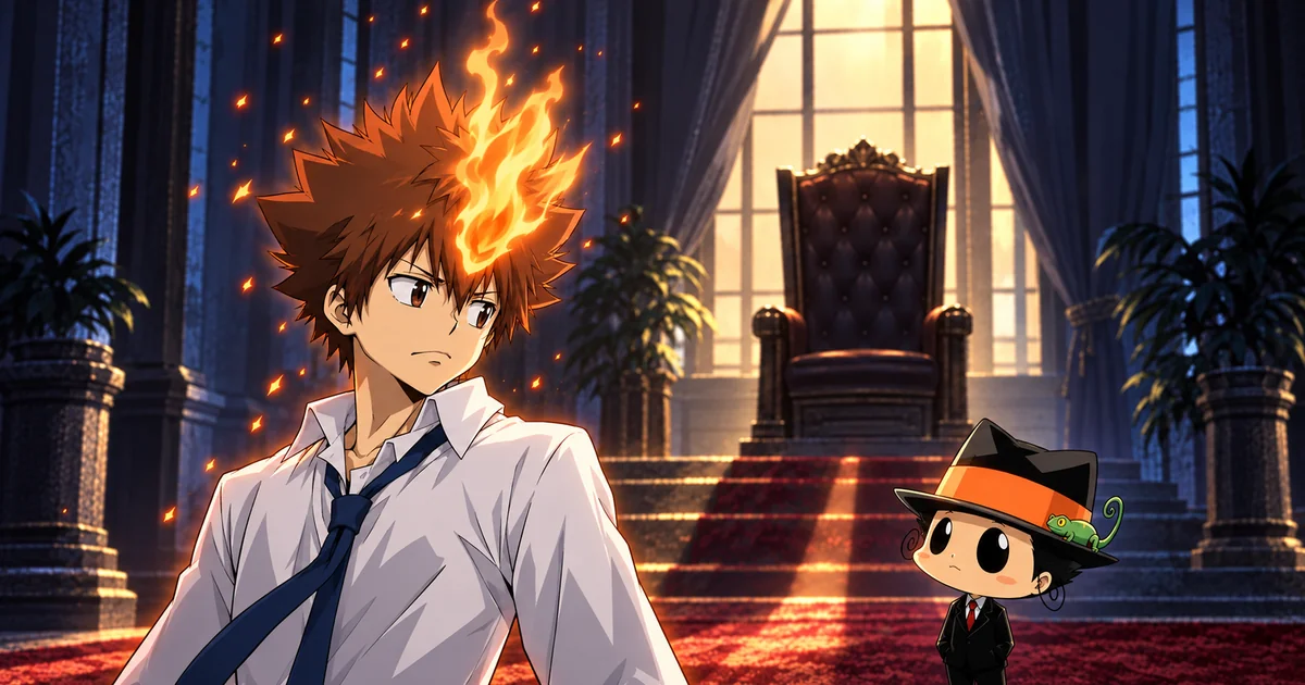 Tsuna com a chama na testa desvia o olhar de uma cadeira vazia enquanto Reborn observa