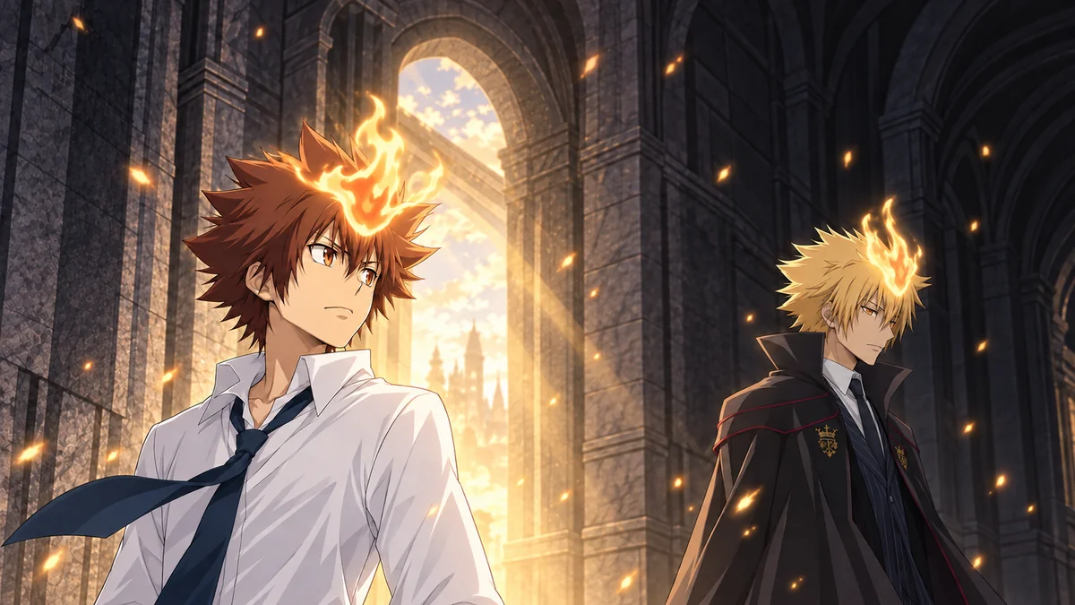 Tsuna e Vongola Primo aparecem separados em uma galeria iluminada por suas chamas