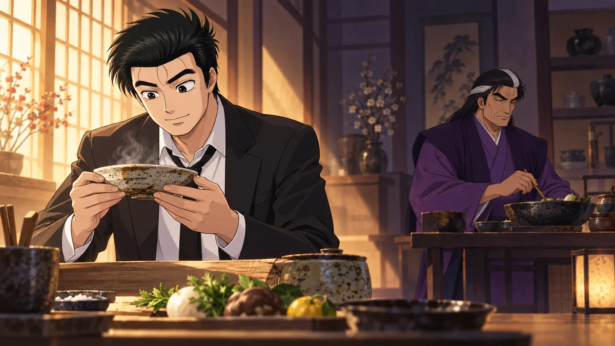 Yamaoka examina uma tigela enquanto Yuzan aparece ao fundo em um ambiente culinário