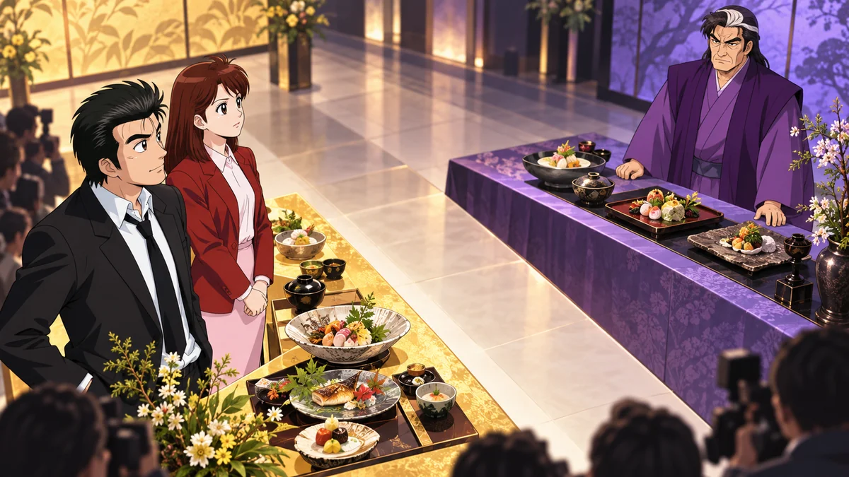 Yamaoka e Kurita diante da mesa rival de Yuzan em uma apresentação gastronômica