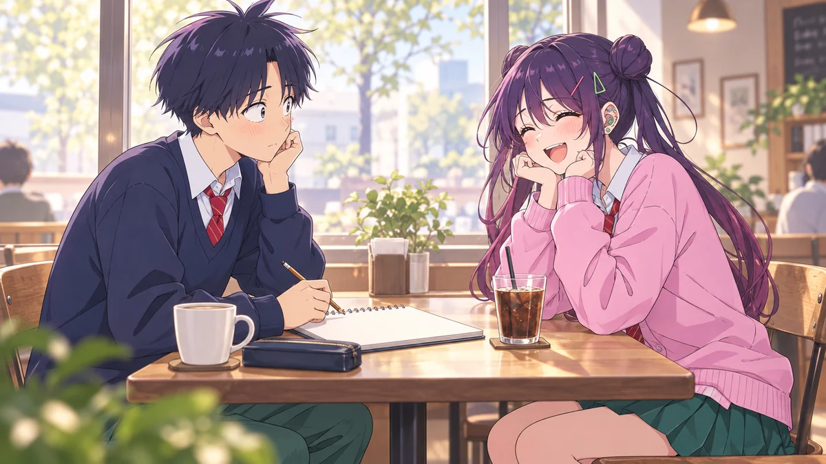 Yuuki observa a reação espontânea de Niina enquanto desenha em um caderno