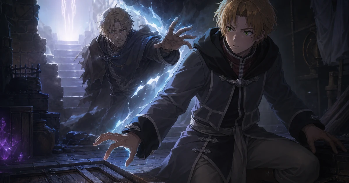Rudeus jovem sendo impedido por sua versão idosa diante da presença distante de Hitogami