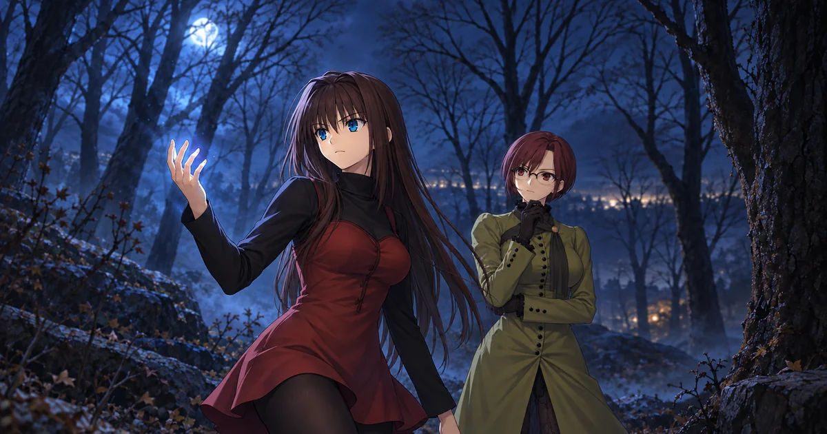 Aoko sob uma luz azul noturna, com Touko observando ao fundo.