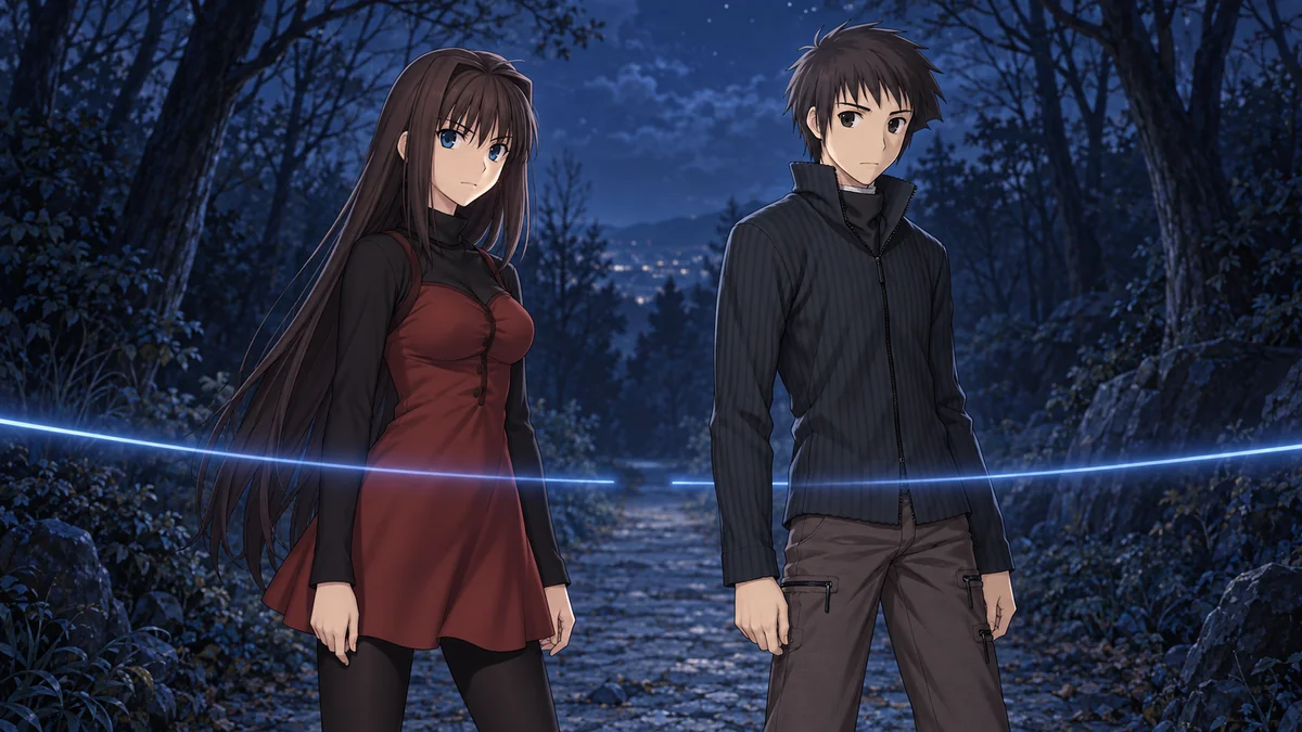 Aoko e Soujuurou diante de uma faixa de luz azul interrompida em uma trilha noturna.