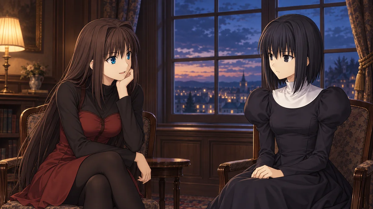 Aoko e Alice conversam em uma sala antiga, com luzes da cidade visíveis pela janela.
