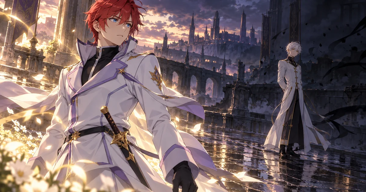 Reinhard de uniforme branco observa Regulus à distância em uma praça escurecida, sob luz dourada